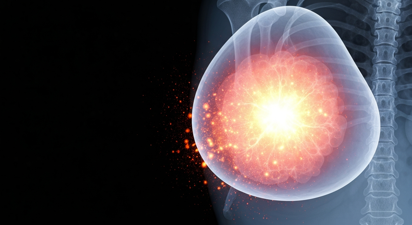 A translucent, ghostly X-ray image reveals the intricate internal structure of a breast tumor, with a faint glow suggesting the targeted radiation therapy working to dissolve the cancer cells.