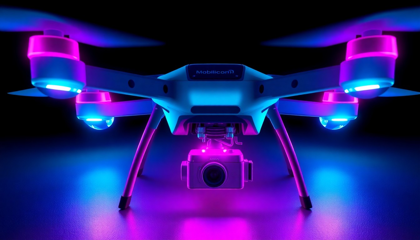 A highly detailed, glowing 3D illustration of an ISR drone platform with Mobilicom's datalink components illuminated by neon lights, conceptually representing the advanced connectivity and reliability of Mobilicom's solutions for demanding drone deployments.