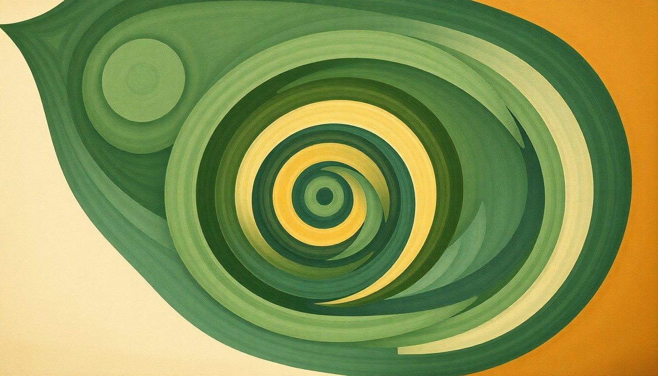 A highly textured abstract painting featuring sweeping geometric arcs, concentric circles, and precise biological spirals in earthy tones of green, blue, and brown, conceptually representing the complex migratory patterns of muskellunge fish.