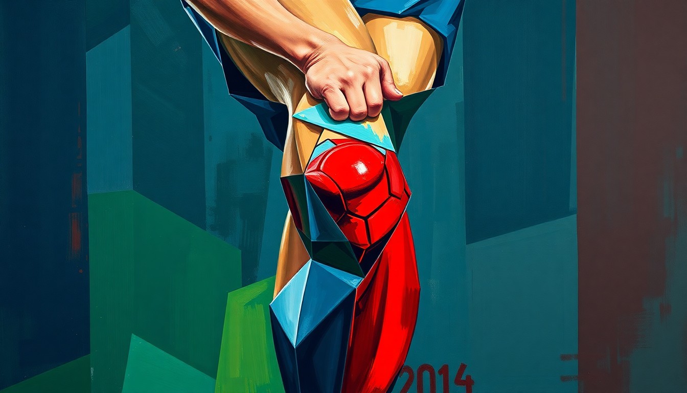 A cubist, geometric painting depicting a soccer player's knee in multiple overlapping perspectives, using shades of blue, green, and red to convey the complex nature of the injury.