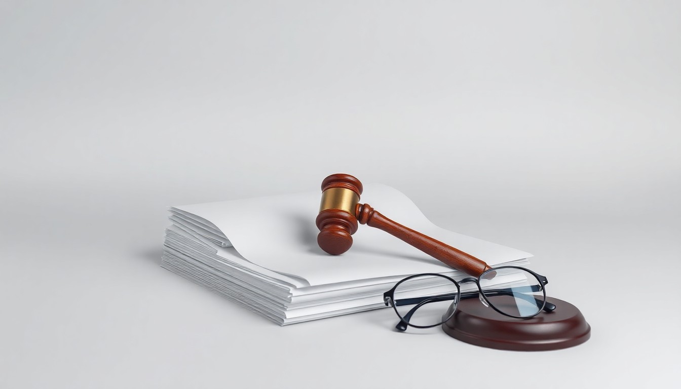 A minimalist studio still life photograph featuring a stack of legal documents, a gavel, and a pair of eyeglasses arranged elegantly on a clean, monochromatic background, symbolizing the high-stakes world of corporate law and strategy.