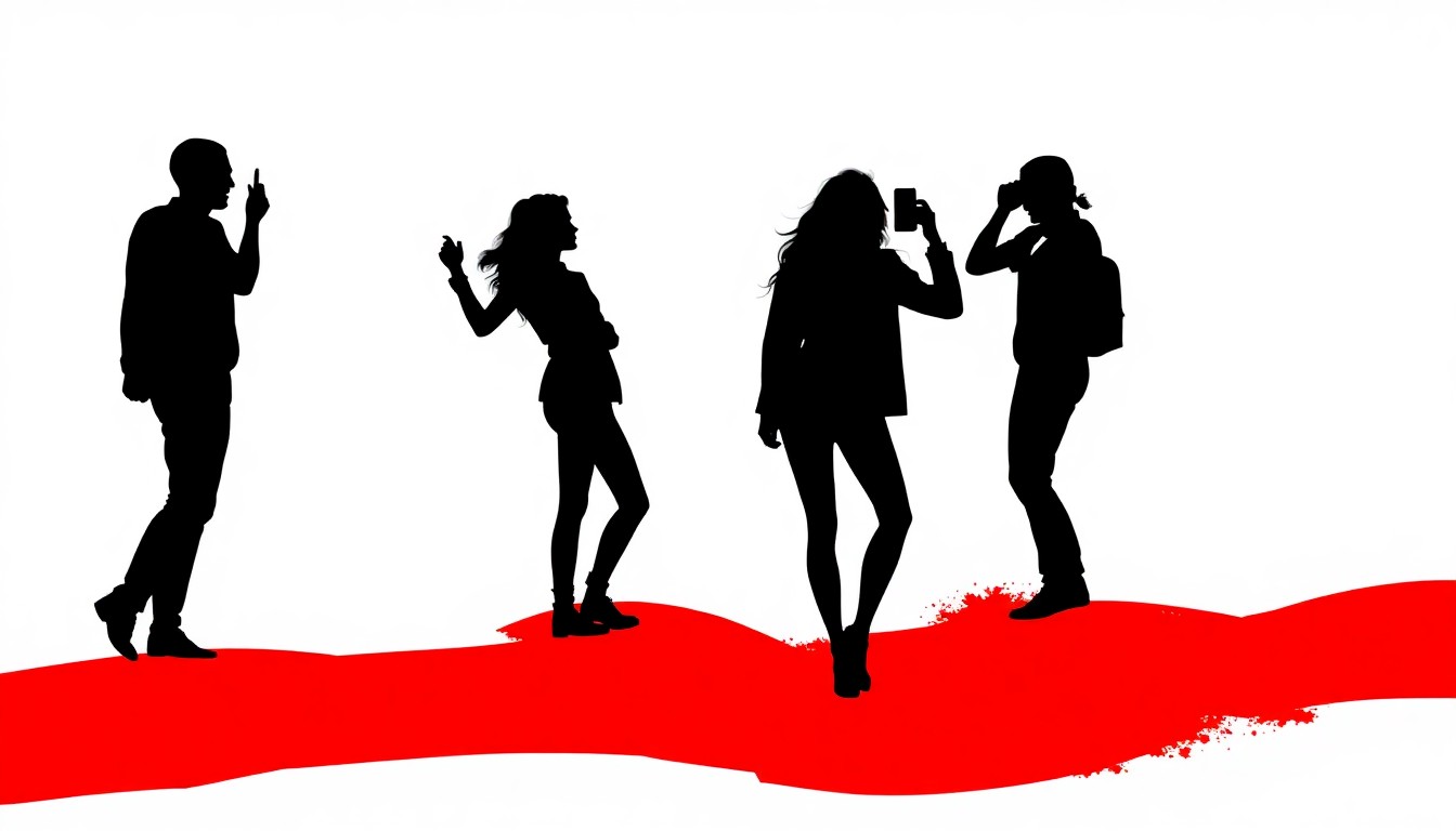 An abstract, minimalist illustration using bold black silhouettes and high-contrast colors to represent the themes of social media's influence and the 'fantasies' it creates, as explored in a new song.