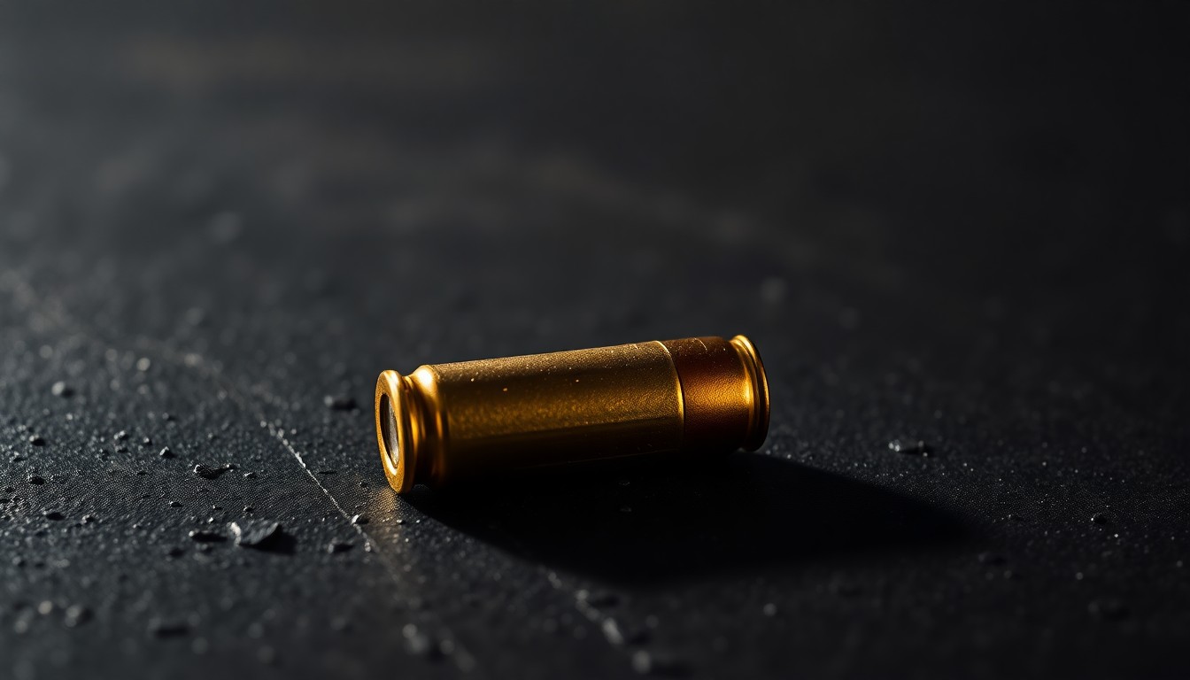 An extreme close-up photograph of a single bullet casing on a dark, textured surface, lit by a harsh, direct camera flash, conceptually illustrating the discovery of a potential threat at a school.