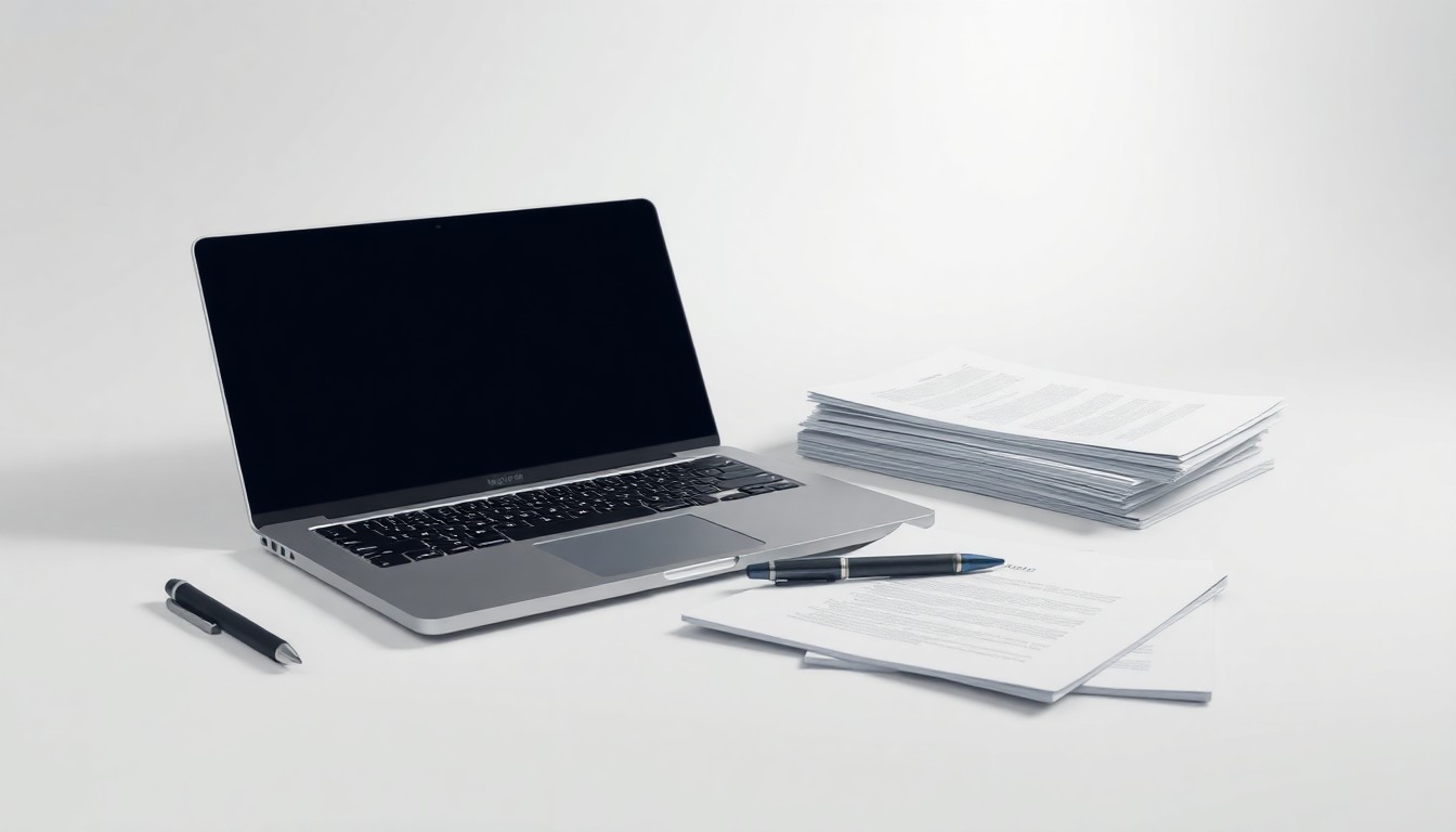 A high-end, photorealistic studio still-life photograph featuring a sleek laptop, pen, and neatly organized documents, conceptually representing the seamless integration of OneBill's revenue management platform.