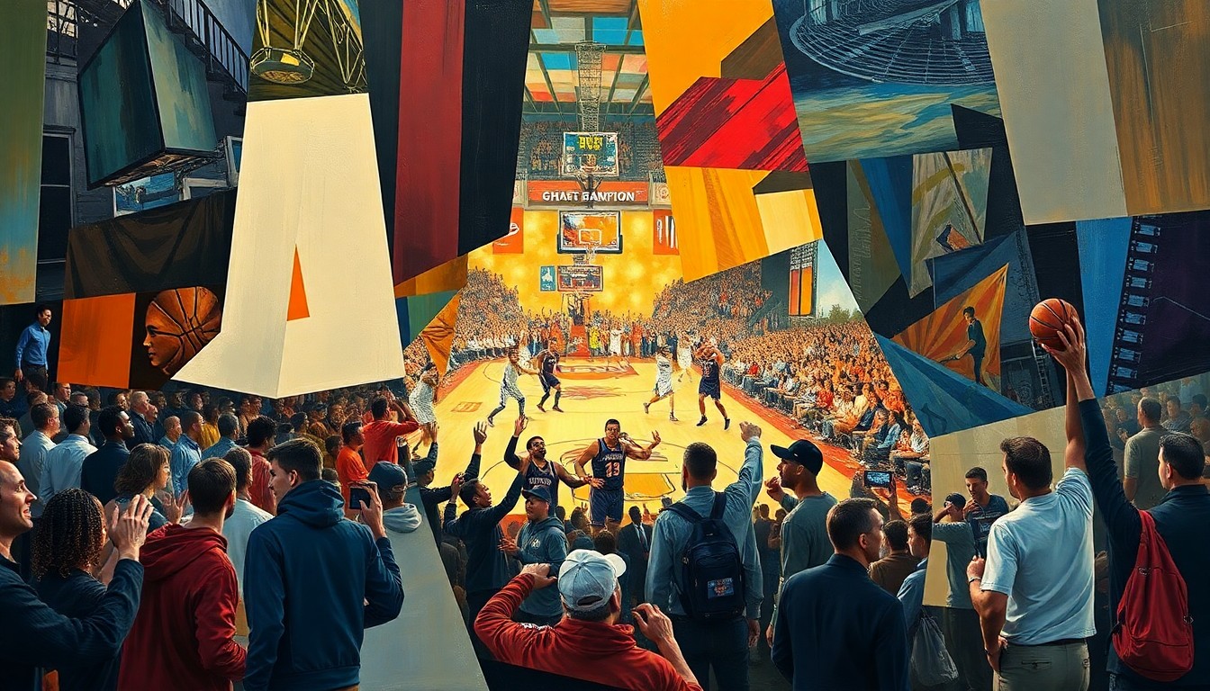 A fragmented, cubist-style painting depicting a college basketball game or championship celebration, with sharp geometric shapes and planes of color overlapping to create a dynamic, abstract composition.