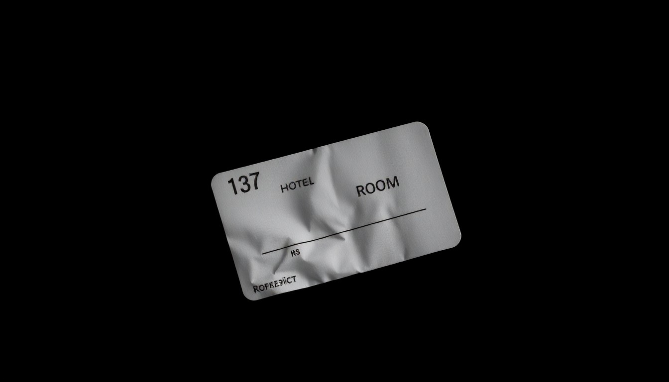 An extreme close-up photograph of a crumpled hotel room key card, lit by a harsh flash against a dark background, conceptually representing the gritty details of the Harvey Weinstein sexual assault case.