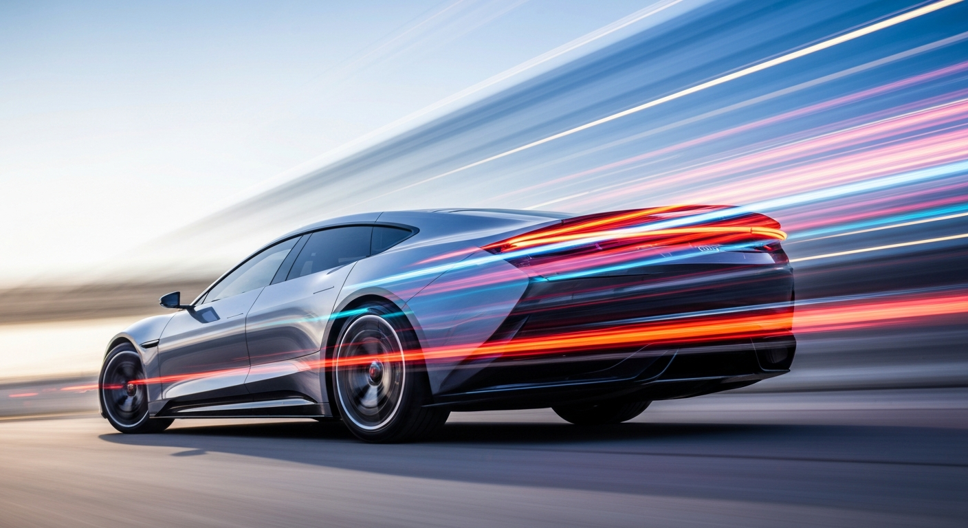 An abstract, blurred image of a sleek, futuristic electric vehicle in motion, with vibrant streaks of color representing the speed and dynamism of the automotive industry's technological advancements.