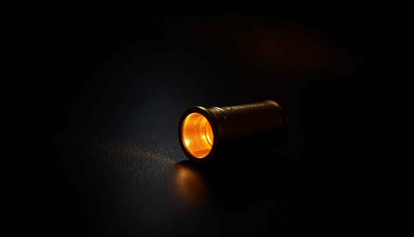 An extreme close-up photograph of a single bullet casing on a dark surface, lit by a harsh, direct camera flash, conceptually illustrating the investigation into a recent shooting incident.