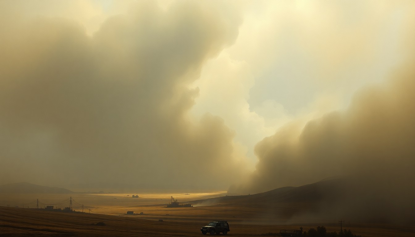 A hazy, atmospheric landscape painting in muted tones of gray and brown, with thick brushstrokes of smoke obscuring the horizon and dwarfing any visible structures, conceptually representing the overwhelming scale of the brushfire smoke impacting the region.