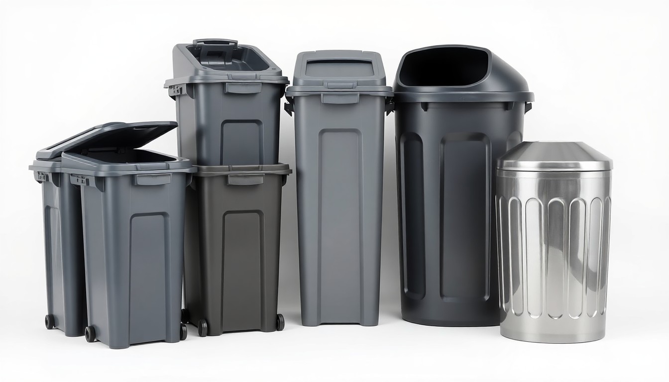 A photorealistic studio still life featuring a stack of recycling bins, a waste sorting bin, and a sleek metal trash can in shades of gray, black, and silver, conceptually representing the abstract concepts of waste management and environmental sustainability.