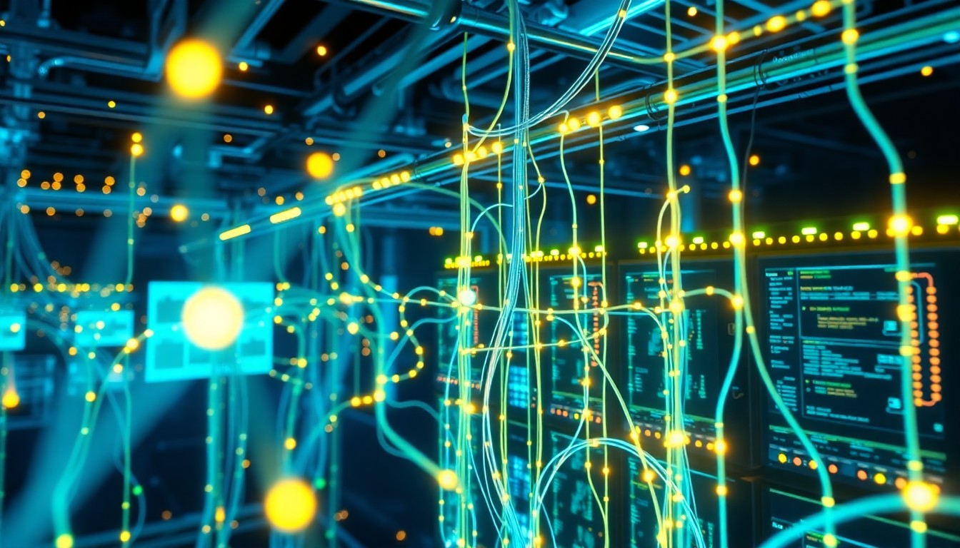 A highly detailed, glowing 3D illustration of a complex network of illuminated fiber optic cables, data servers, and cybersecurity monitoring screens, representing the advanced digital infrastructure powering the critical mission of the Cybersecurity and Infrastructure Security Agency.