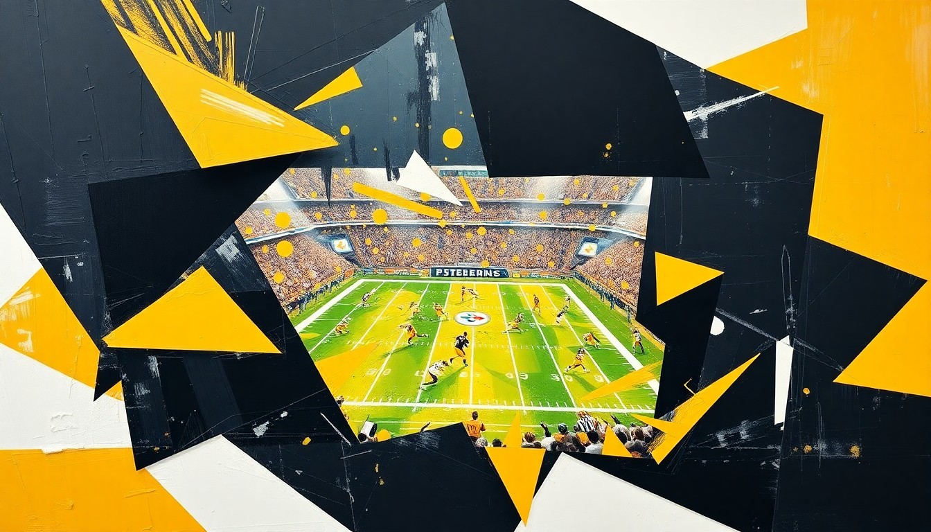 A cubist, geometric painting depicting a fractured football game scene, with sharp planes of black, gold, and white representing the Steelers' colors.