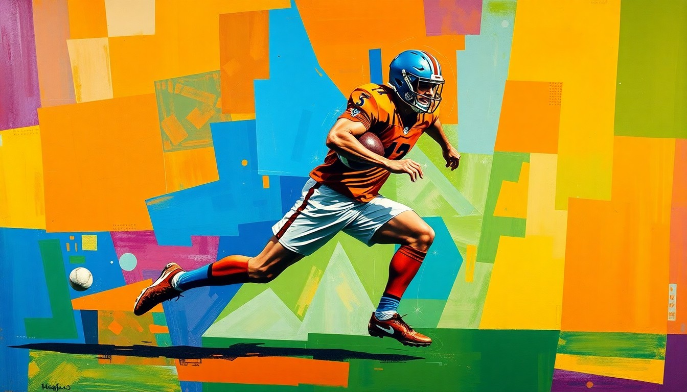 A fragmented, geometric painting depicting a football player in mid-motion, with sharp planes of vibrant orange, blue, and green colors abstractly representing the power and athleticism of a top tight end prospect.