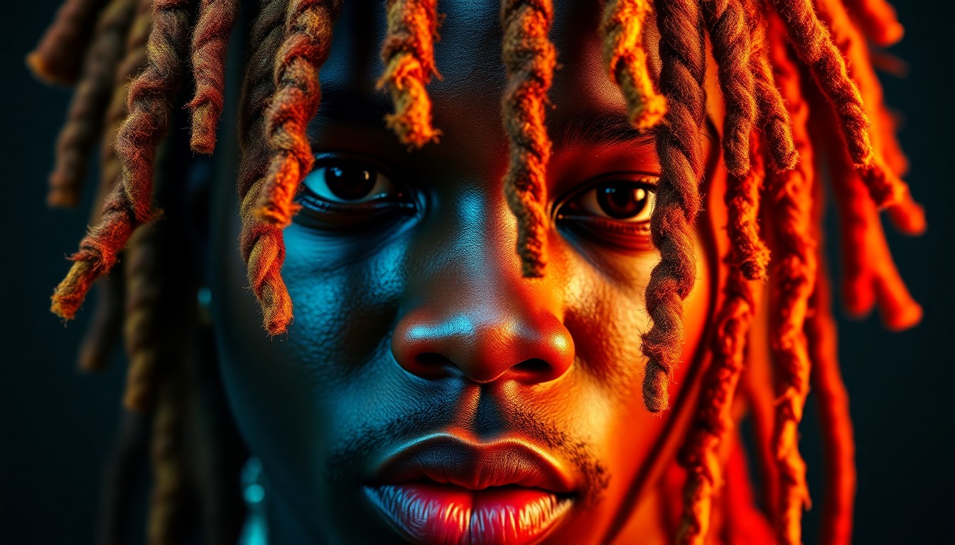 An extreme close-up photograph of Young Thug's new colorful dreads, capturing the intricate textures and vibrant hues in a high-contrast, high-fashion studio lighting setup.