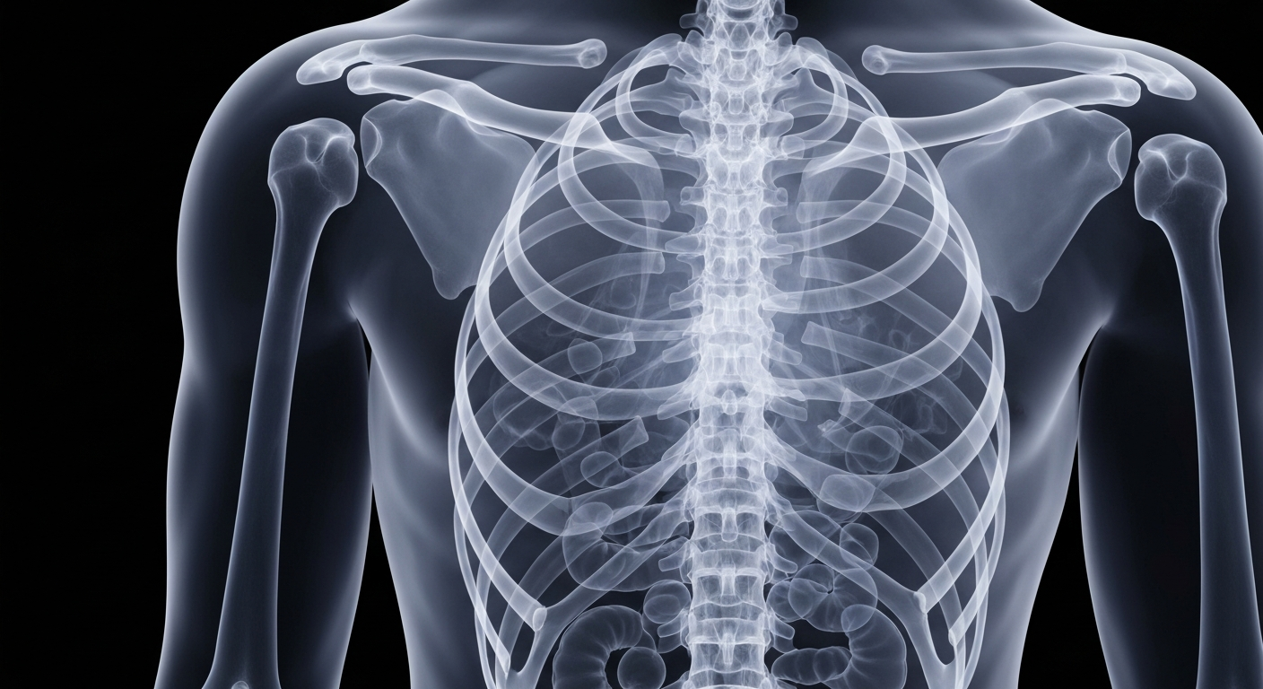 A ghostly, translucent X-ray image of a human skeleton, with glowing white bones and faint outlines of internal organs and tissues, conceptually representing the detailed health insights provided by Hone Health's DEXA scan integration.