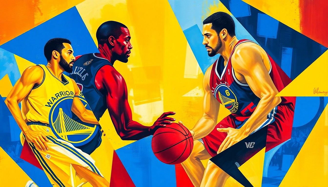 A fractured, multi-perspective painting in a cubist style, breaking down a basketball game into sharp, overlapping geometric planes of royal blue, golden yellow, and crimson red, with the players' forms abstracted into angular, intersecting shapes.