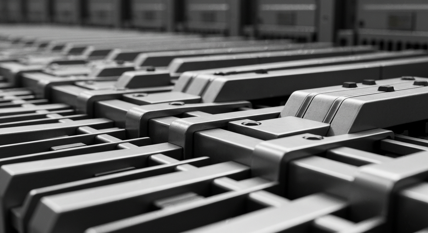 An extreme close-up of gears, levers, and other heavy industrial banking machinery, conveying the complex and secure nature of the Canadian financial system.