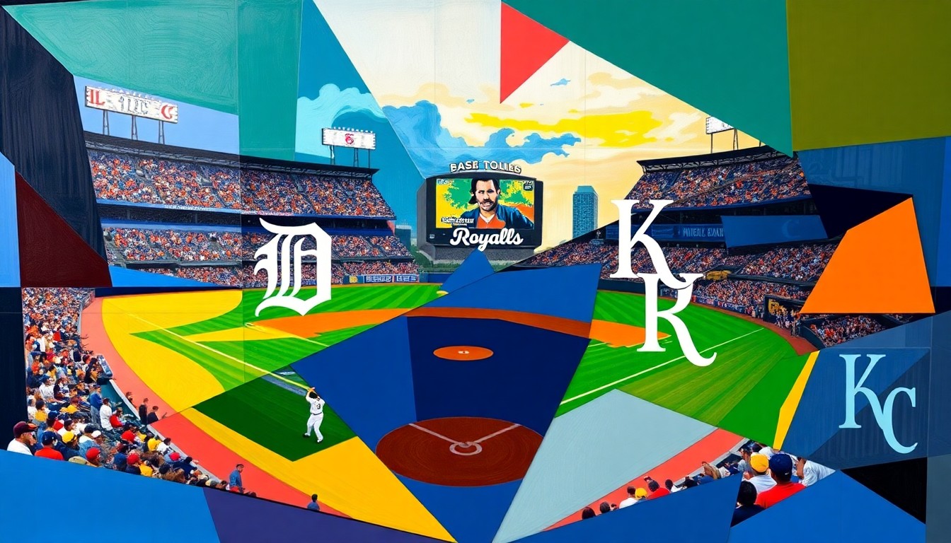 A fragmented, geometric painting in bold colors representing a baseball game between the Detroit Tigers and Kansas City Royals, with the players and field broken down into sharp, overlapping shapes and planes.