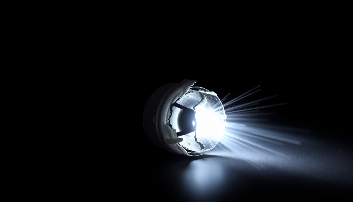 An extreme close-up of a cracked and damaged car sensor, lit by a harsh direct flash against a dark background, conceptually representing the vandalism of self-driving vehicles during protests.