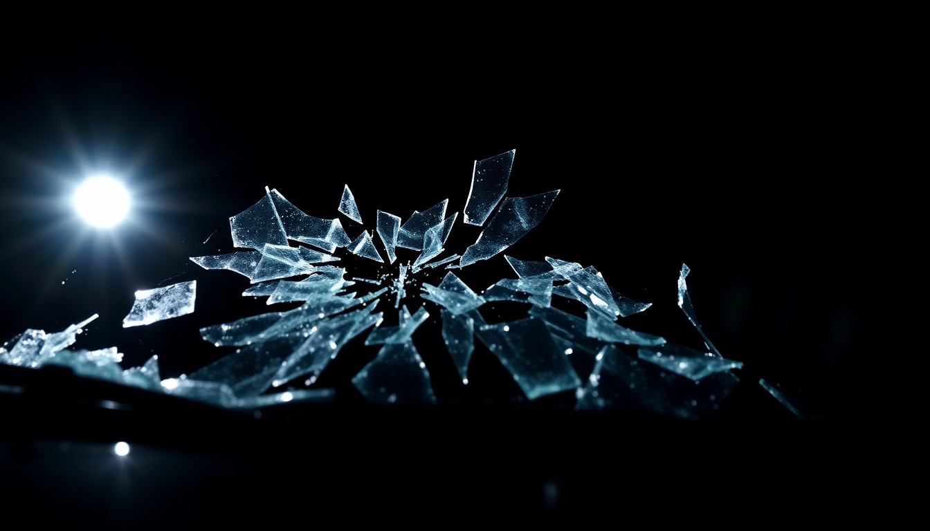 An extreme close-up photograph of a shattered car windshield against a pitch-black background, the jagged glass fragments conceptually representing the violence and devastation of a fatal DUI crash.