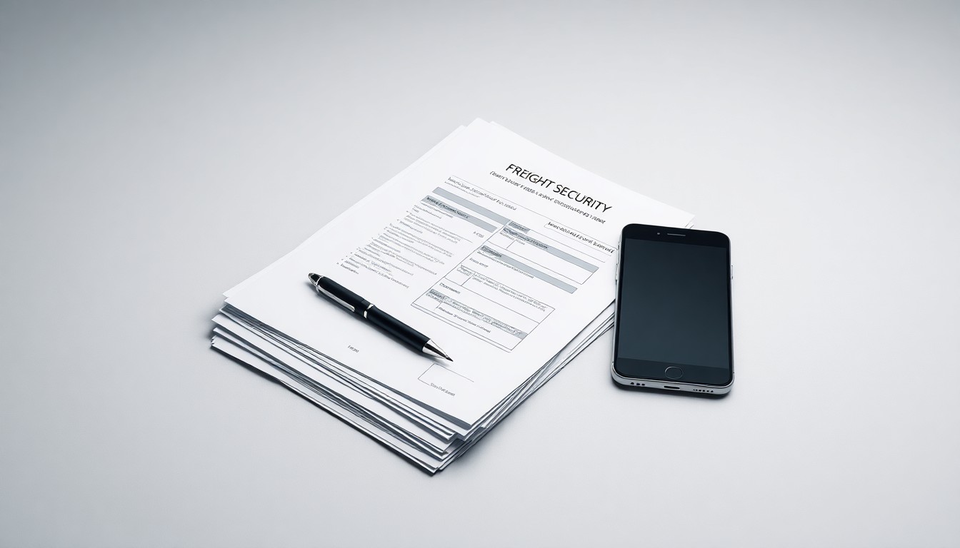 A clean, high-contrast studio photograph featuring a stack of shipping documents, a pen, and a smartphone arranged on a plain white background, symbolizing the need for transaction-level security in the freight industry.