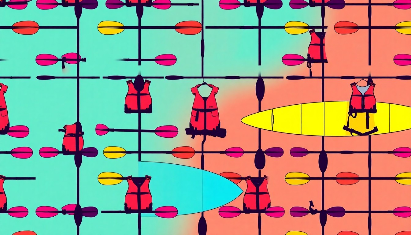 A high-contrast, silkscreen-style illustration featuring a repeated pattern of a single iconic paddlesports object, such as a kayak paddle or life jacket, rendered in a bold, neon color palette with heavy black outlines, capturing the playful and accessible spirit of the sport.