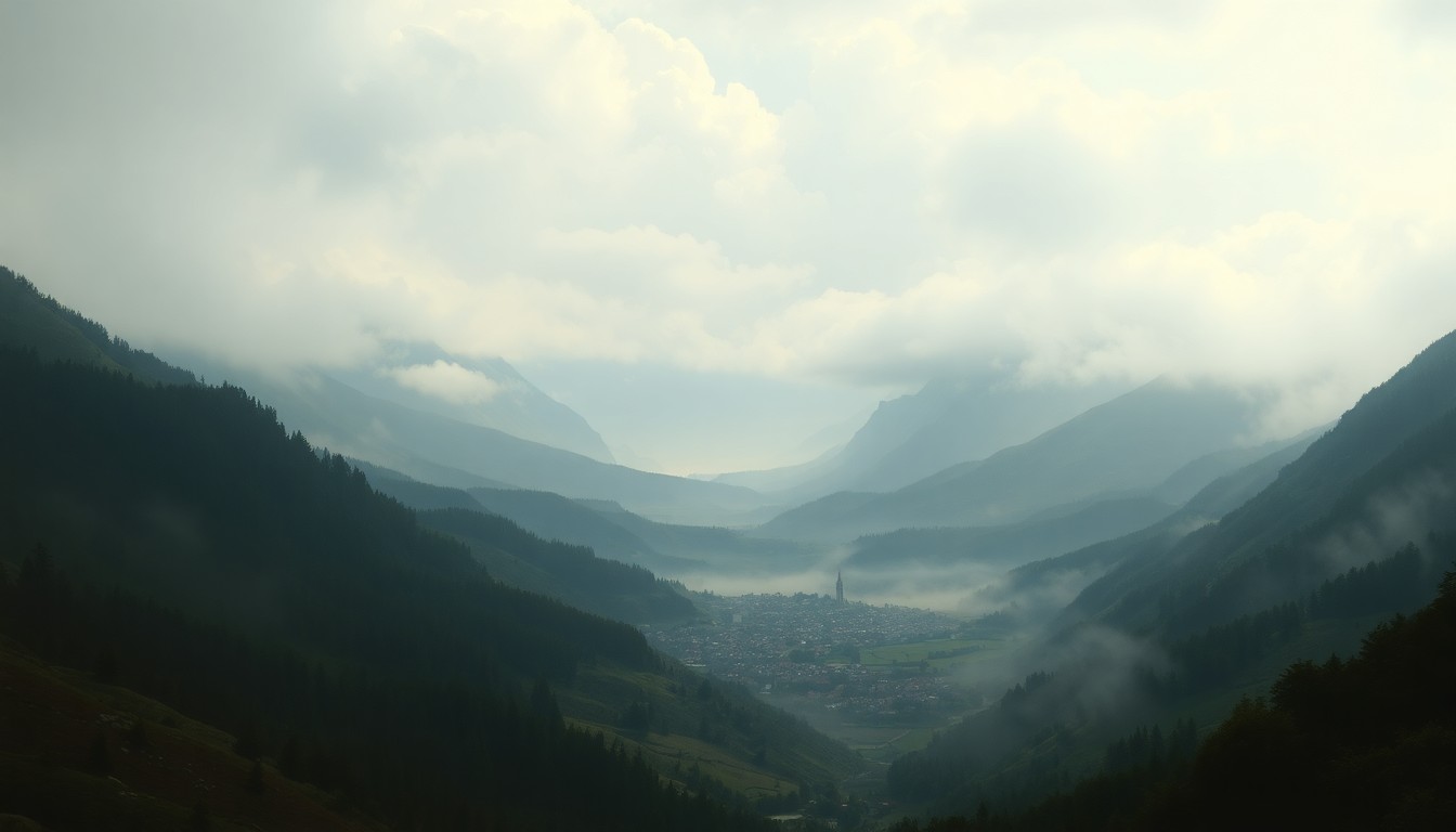 A serene, fog-shrouded landscape painting depicting a small town nestled in a vast, atmospheric valley, conveying the overwhelming scale and power of nature.
