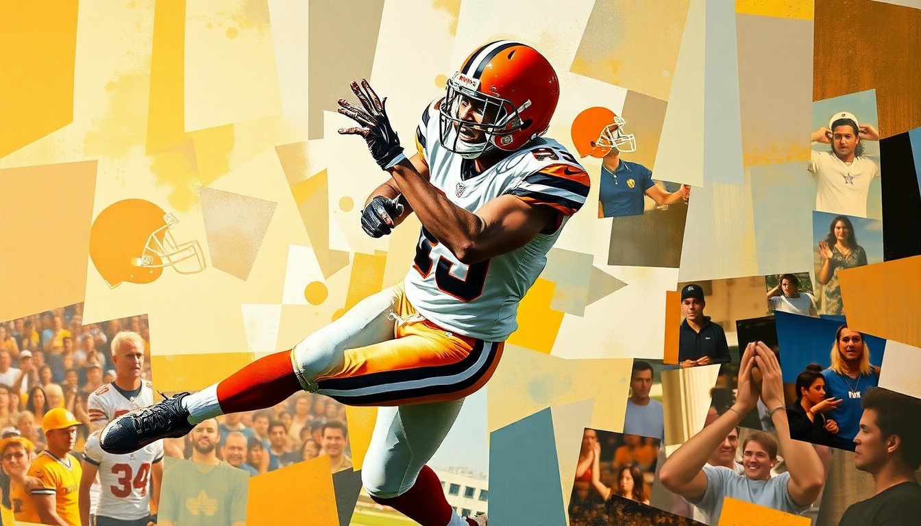 A fragmented, geometric painting depicting a Browns tight end making a catch, the player's form broken down into sharp, overlapping planes of color and shape.