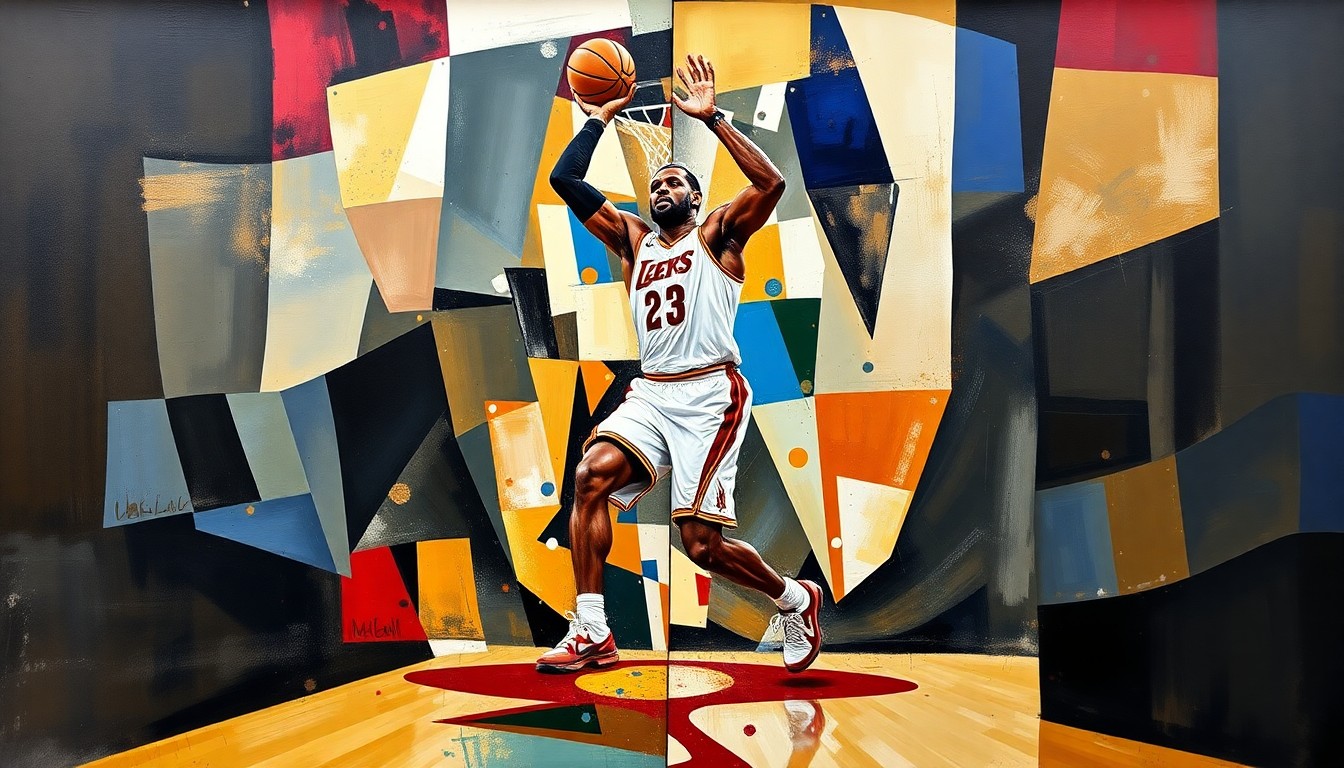 A fragmented, geometric painting depicting LeBron James' basketball movements and court presence broken down into sharp, overlapping planes of color and form, capturing the iconic player's continued impact and adaptability.