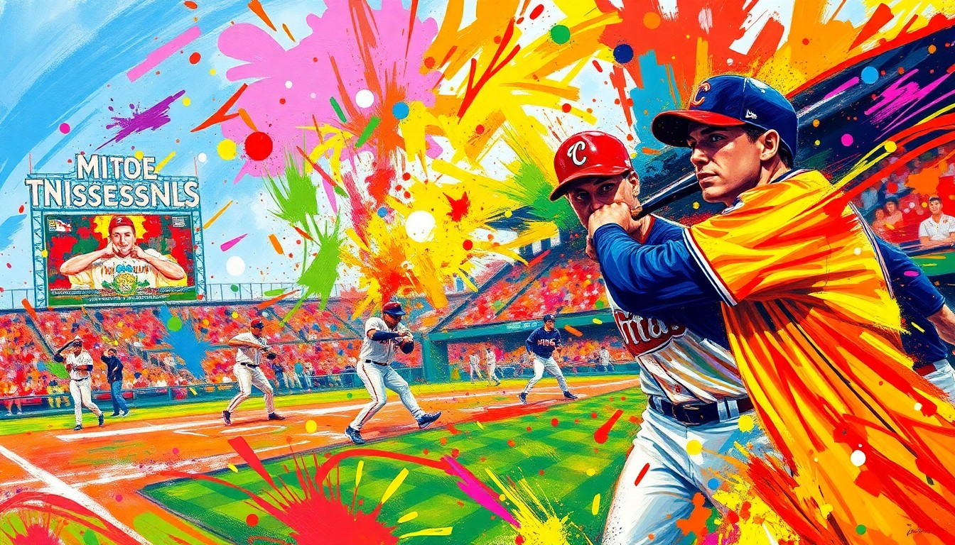 An abstract expressionist painting in vibrant neon colors, with rapid brushstrokes capturing the dynamic motion and energy of a minor league baseball game.