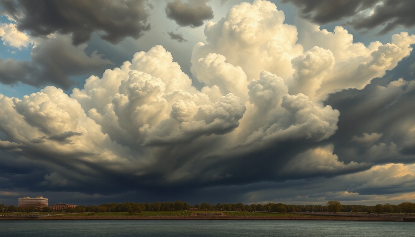 A dramatic landscape painting depicting a stormy, atmospheric sky filled with dark, swirling clouds over the Ohio River and Louisville's Waterfront Park, conveying the overwhelming power of nature.