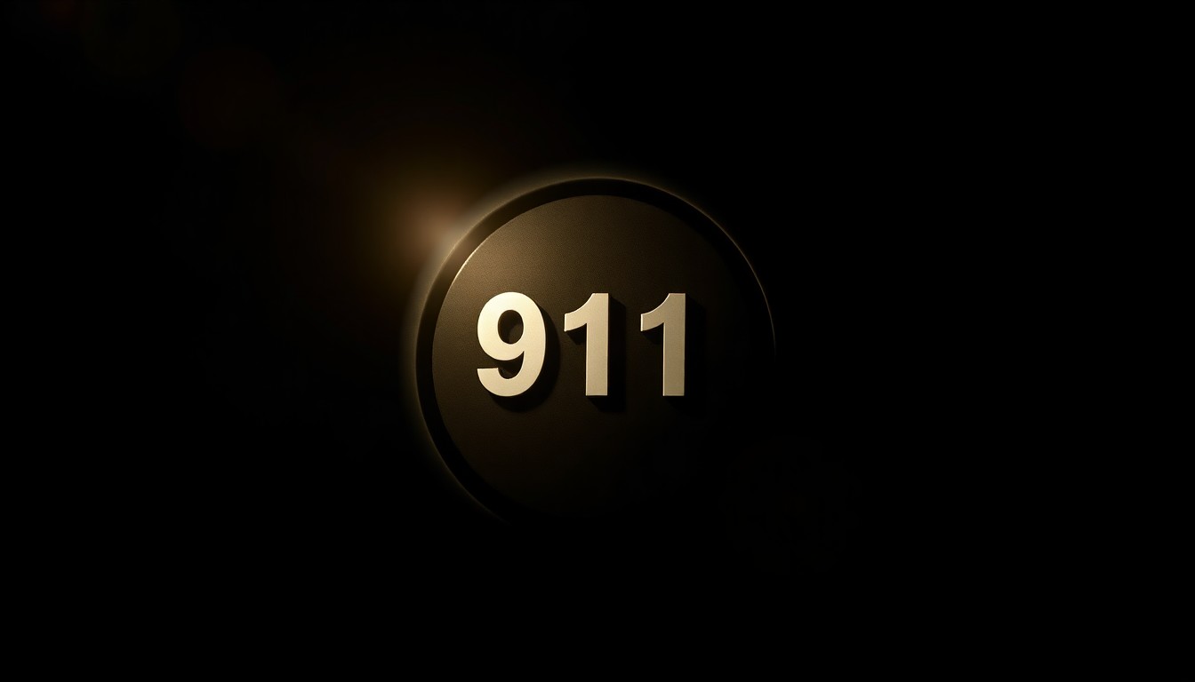 An extreme close-up photograph of a 911 emergency call button, the harsh lighting and dark background creating a stark, serious mood to represent the critical role of 911 dispatchers.