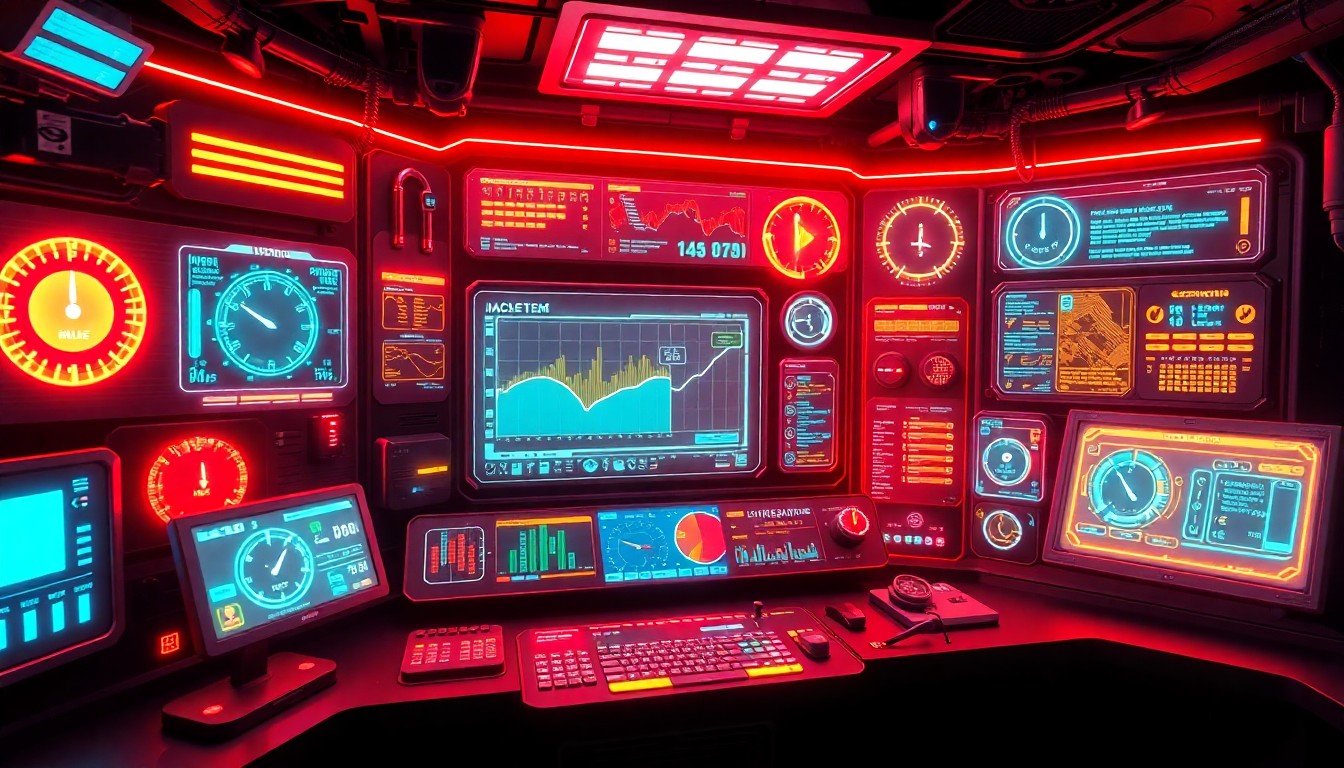 A highly detailed 3D illustration of a glowing, futuristic control panel or dashboard interface, filled with neon-lit displays, sensors, and digital readouts, conceptually representing advanced workplace safety monitoring technology.