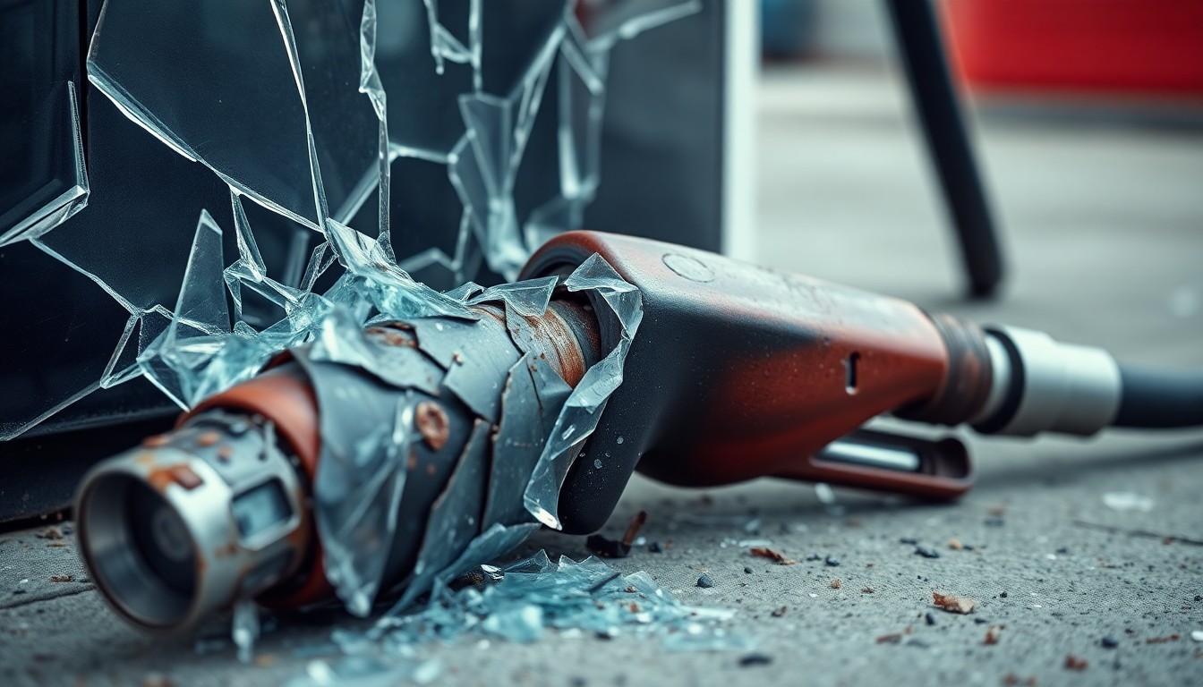 An extreme close-up photograph of a damaged gas pump nozzle lying on the ground, partially obscured by shattered glass, conveying the gritty aftermath of a smash-and-grab robbery.