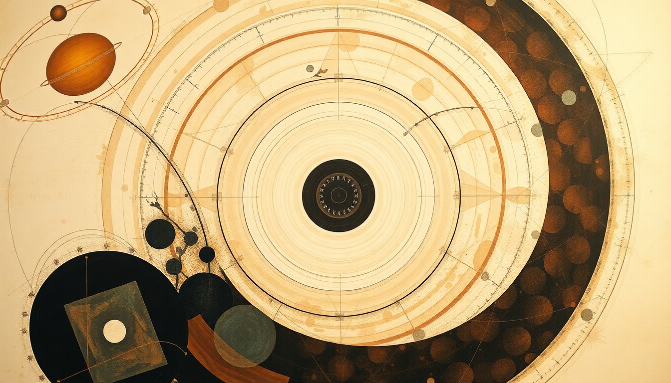 A bold, highly structured abstract painting featuring sweeping geometric arcs, concentric circles, and precise botanical spirals in earthy tones, conceptually representing the interconnected forces and concepts driving advancements in drug discovery.