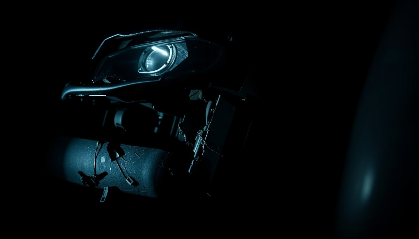 An extreme close-up photograph of a damaged car part or piece of debris from a multi-vehicle crash, capturing the stark, gritty details of the incident through dramatic lighting and framing.