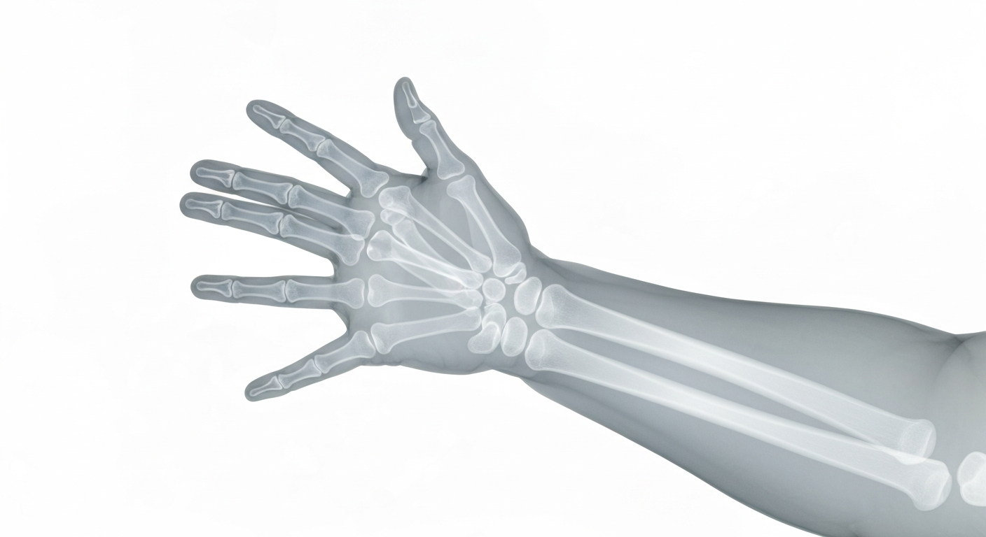 A ghostly, translucent X-ray photograph showing the skeletal structure of an elderly hand reaching outward, conveying the fragility and independence of those receiving home-based care through Medicaid waiver programs.