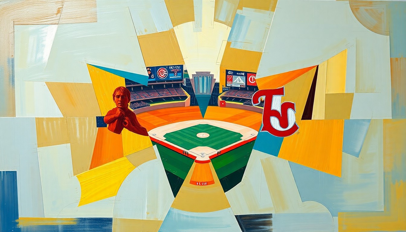 A cubist, geometric painting depicting a baseball game in motion, with players and the field broken down into sharp, overlapping planes of color and shape.