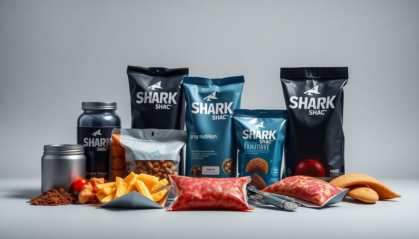 A high-end, photorealistic studio still-life photograph featuring a selection of sleek, geometric sports nutrition products and snacks arranged elegantly on a clean, monochromatic background, conceptually representing the convenience and quality of the Shark Shack's offerings.