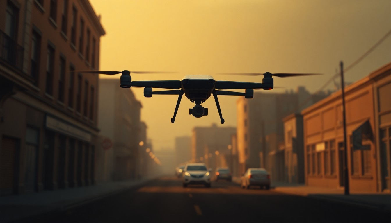 A moody, cinematic painting depicting a lone military drone hovering over an empty urban street, the drone's presence casting a sense of unease and uncertainty over the scene.