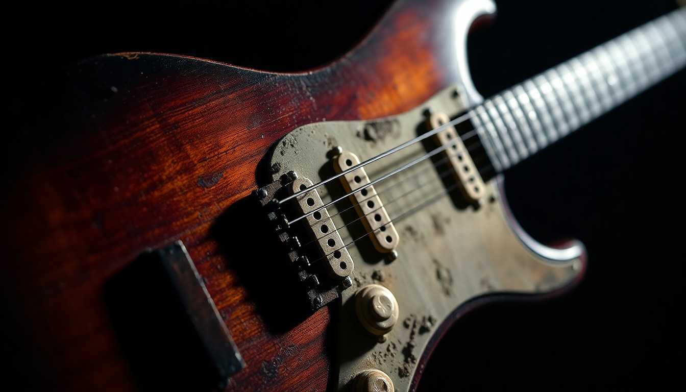 An extreme close-up photograph of a vintage electric guitar, its wood and metal hardware captured in dramatic, high-contrast studio lighting to create a gritty, glamorous aesthetic that evokes the timeless appeal of blues rock music.