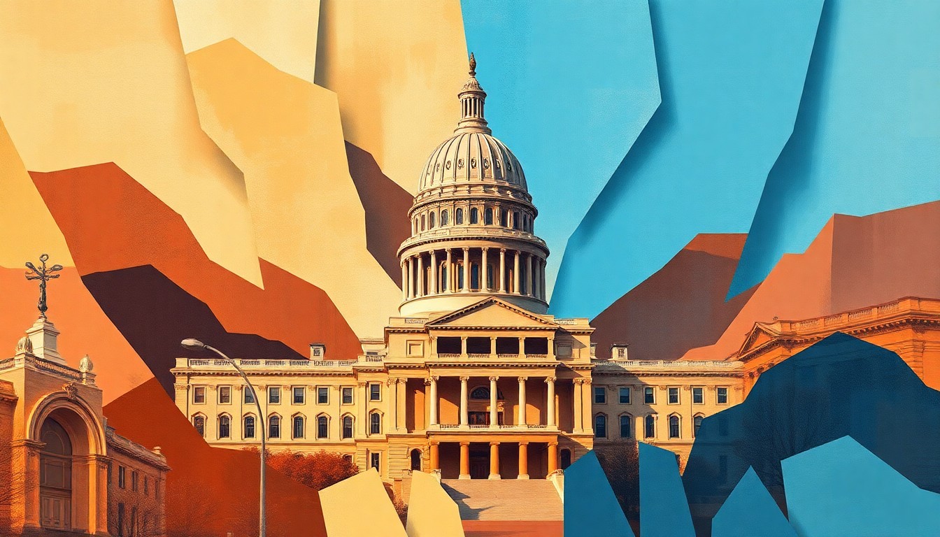 A vibrant, abstract painting depicting a California state capitol building or other political structure, with the image fractured and repeated in overlapping geometric waves of warm earth tones and cool blues, conveying a sense of energy and change in the state's political landscape.