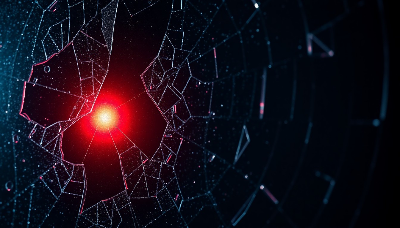 An abstract, high-contrast close-up photograph of a shattered, glittering glass surface reflecting a faint red light, conveying the emotional and mature themes of the new 'Spider-Man' film.