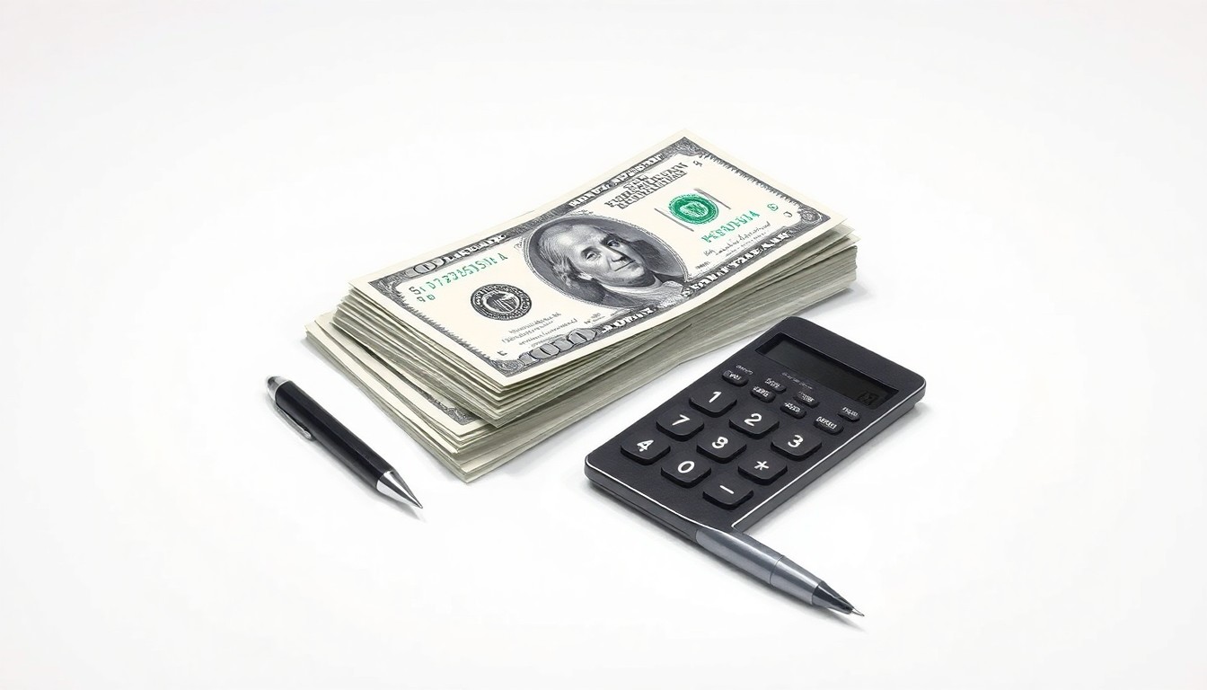 A photorealistic studio still life featuring a stack of dollar bills, a pen, and a calculator on a clean, monochromatic background, symbolizing the financial pressures facing small businesses.