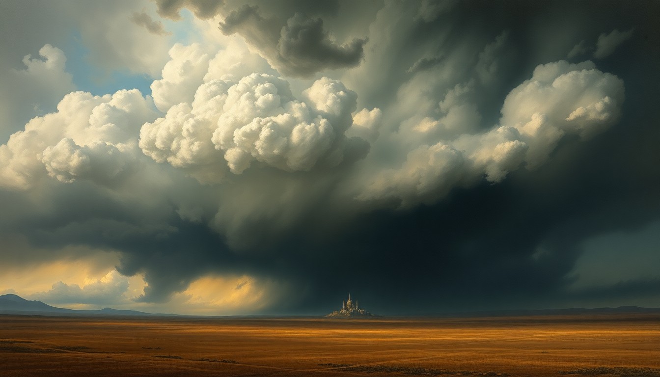 A sweeping, atmospheric landscape painting in muted tones of gray, blue, and green, depicting a vast, turbulent sky filled with ominous storm clouds hovering over a flat, desolate expanse, conveying the overwhelming power and sublime scale of an impending weather event.