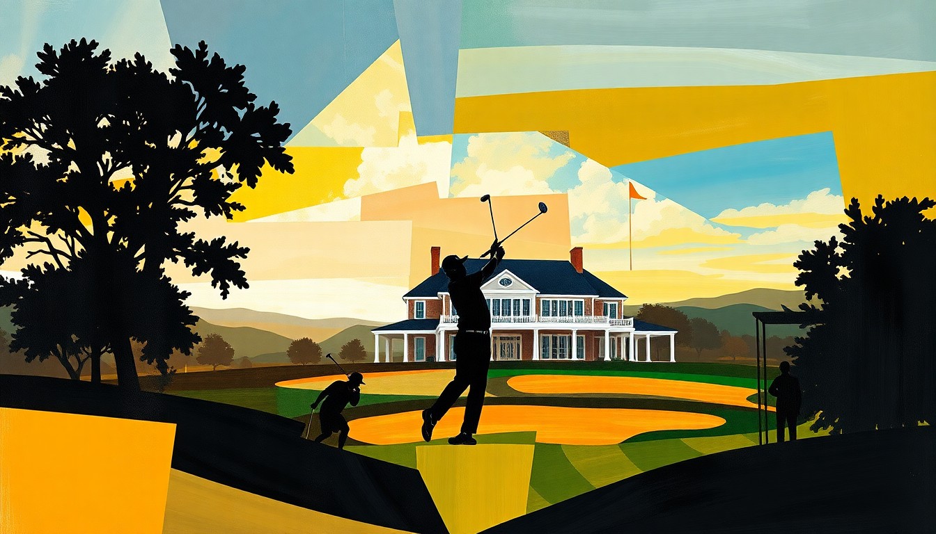 A fractured, geometric painting depicting the Concession Golf Club clubhouse and surrounding landscape, with silhouetted golfers in action, capturing the energy and excitement of the Senior PGA Championship.