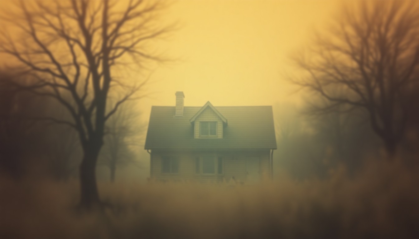 An extremely abstracted, out-of-focus photograph in soft pools of warm color and light, depicting the remnants of a family's home after a devastating fire.