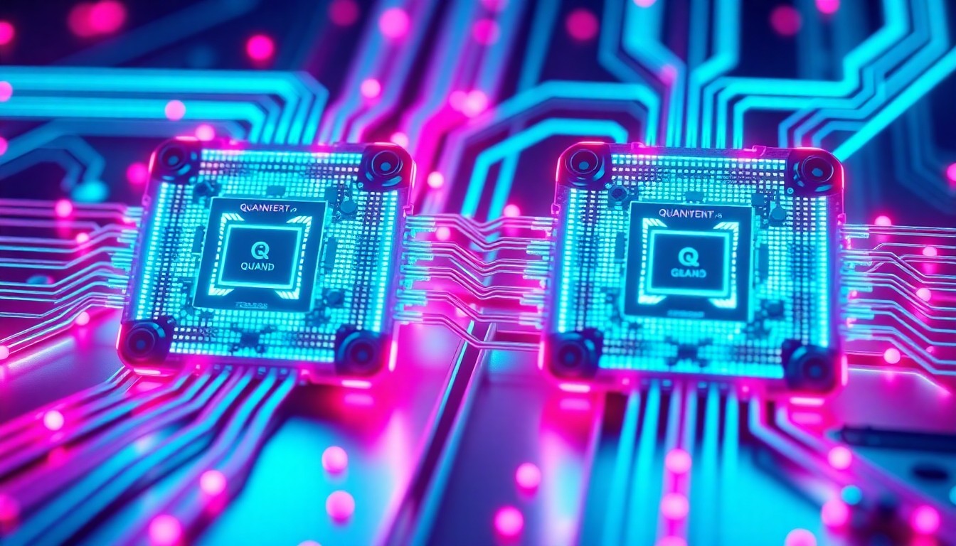 A highly detailed, glowing 3D illustration of two interconnected quantum processing units, with neon lights highlighting the physical components and infrastructure, conceptually representing the advancement of networked quantum computing technology.