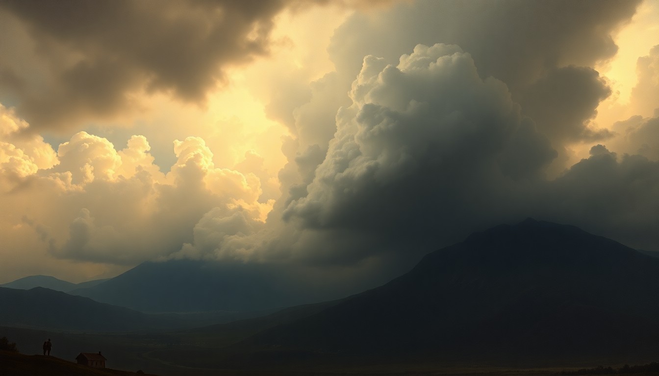 A dramatic, atmospheric landscape painting depicting an ominous, cloud-filled sky looming over a small town or rural setting, conveying the overwhelming power of an impending weather event.