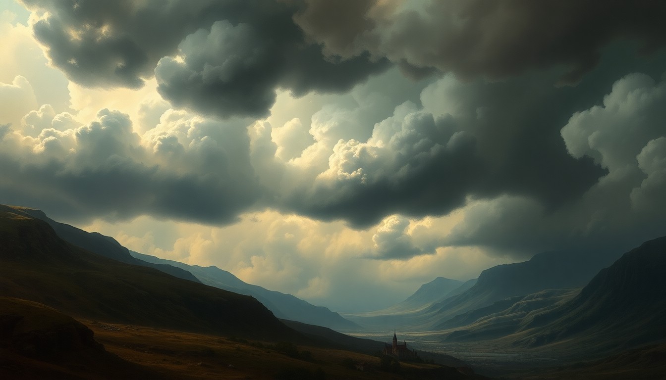 A vast, atmospheric landscape painting depicting a small town or city structure dwarfed by the overwhelming scale of a looming, turbulent storm system, conveying the sublime power of severe weather.